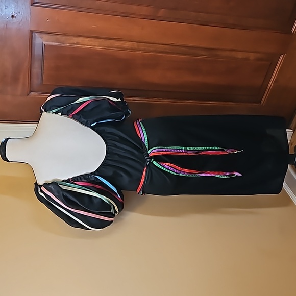 VINTAGE DRESS PUFFY SHOULDERS 5/6 BLACK MULTI-COLORED ONE OF A KIND - Picture 8 of 10